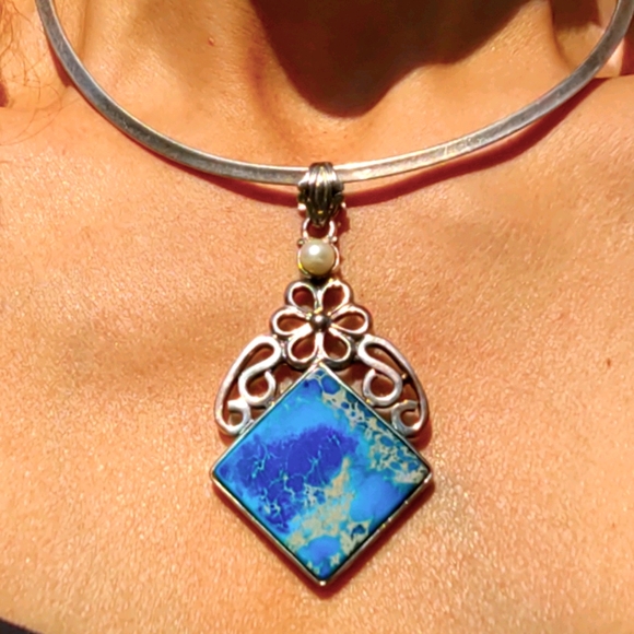 Vintage Oversized Lapis Lazuli & Pearl  Pendant set in Sterling Silver - Picture 1 of 7